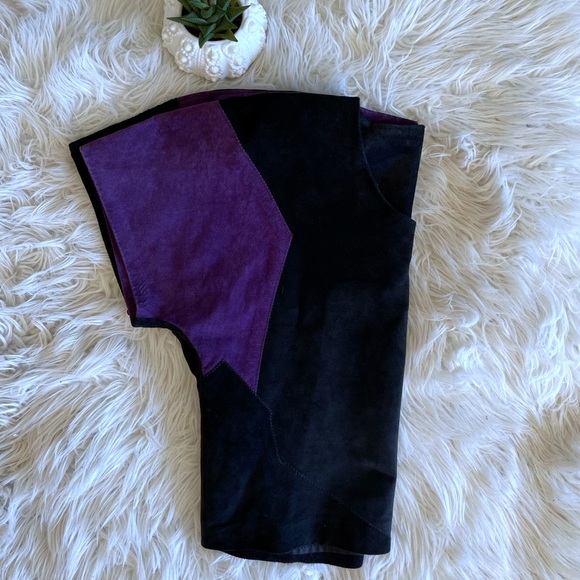 Vintage 1980s patchwork suede & leather purple & black short sleeve top 🇨🇦 - Picture 7 of 14